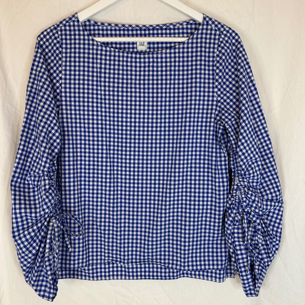 GAP Women's Blue Gingham LS Ruched Tie Cuff Top Blouse XS Preppy‎ Coastal